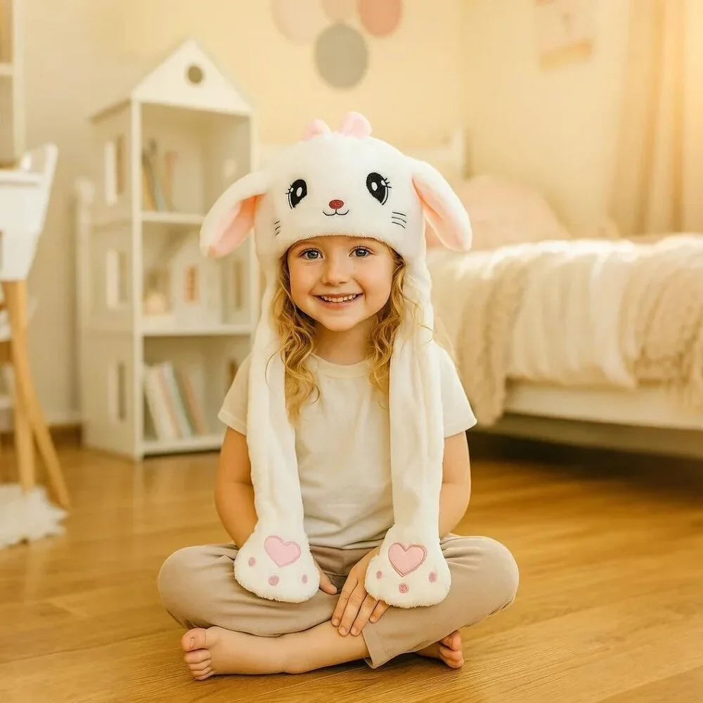 Kids Cat_White Animal Hat with Ears Moving Jumping Pop Up Beating Plush Holiday